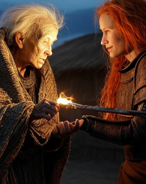 Mirra offering Stormforged Spear to Aria